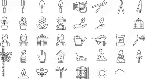 Gardening icon set, outdoor activity symbols, nature visuals, CAD drawing, vector illustration, shovel, plant, greenhouse, watering can, rake