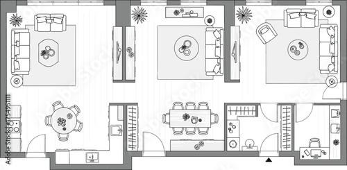 Apartment layout, residential floor plan, living room design, dining area setup, kitchen blueprint, CAD drawing, vector illustration, furniture arrangement, interior space, home planning