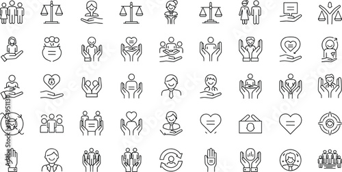 Social justice icon set, equality symbols, human rights visuals, CAD drawing, vector illustration, scales, shield, heart, community, support