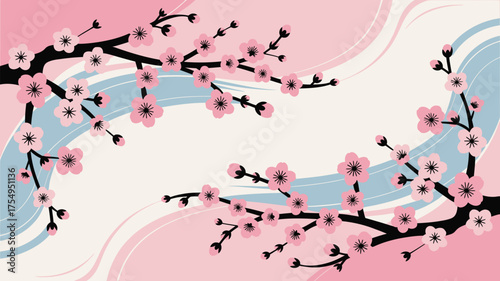 Illustration of cherry blossom branches with pink flowers on a pastel background with light blue accents