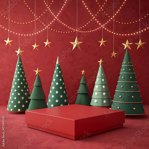 Festive christmas trees and red gift box on red background with star garland