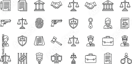 Legal icon set, justice symbols, law enforcement tools, courthouse, gavel, scales of justice, CAD drawing, vector illustration, fingerprint, police officer