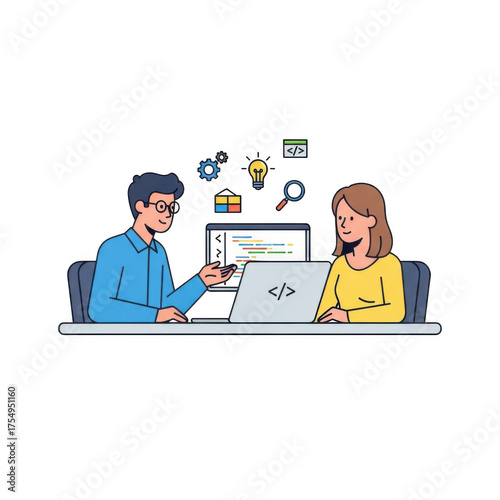 Teamwork collaboration illustrating software development and digital innovation concepts isolated on transparent background