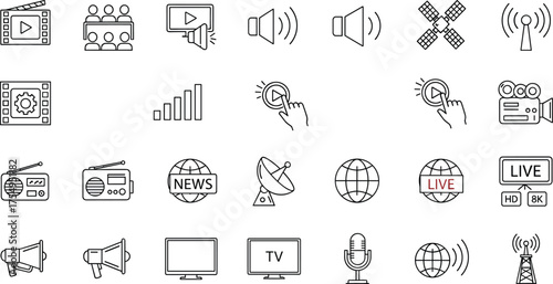 Media icon set, broadcasting symbols, communication tools, video player, satellite dish, CAD drawing, vector illustration, microphone, TV screen, internet signal