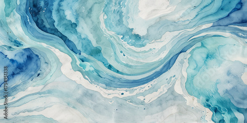 Top view on blue and white ocean wave background. Water  ocean wave white and soft blue aqua, teal and marble texture.