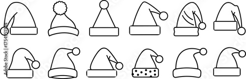 Santa hat collection, Christmas headwear, festive holiday caps, winter accessories, CAD drawing, vector illustration, pom-pom styles, brim designs, seasonal fashion, outline icons