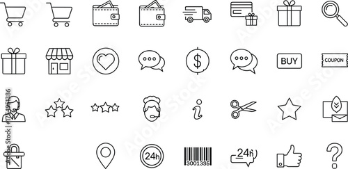 E-commerce icon set, online shopping symbols, customer service visuals, digital transaction tools, CAD drawing, vector illustration, wallet, cart, coupon, headset