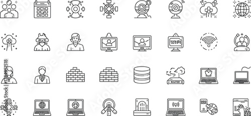 Technology icon set, communication symbols, networking visuals, CAD drawing, vector illustration, mobile device, fingerprint scanner, laptop, server, Wi-Fi signal