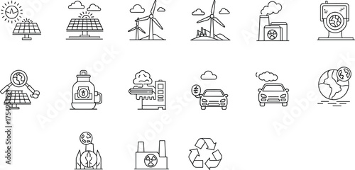 Sustainability icon set, energy and environment symbols, CAD drawing, vector illustration, solar panel, wind turbine, electric car, recycling, nuclear