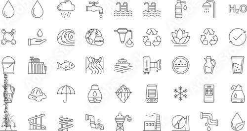 Water icon set, plumbing symbols, environmental visuals, sustainability tools, CAD drawing, vector illustration, irrigation system, faucet, recycling, water heater