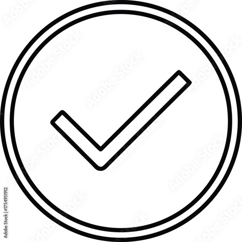 Flat Circle Icon with Tick Mark Vector Symbol on White Background