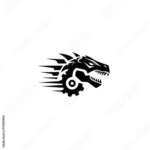 A stylized illustration depicts a dragon head combined with mechanical gears, suggesting speed and power