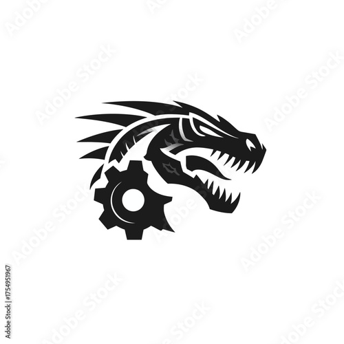 A stylized black and white dragon's head with a gear. This design is bold and modern