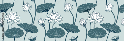 Elegant lotus flower seamless pattern in soft blue and white tones on a light background. Minimal floral design perfect for fabric, wallpaper, or home decor. Calm and natural botanical art.