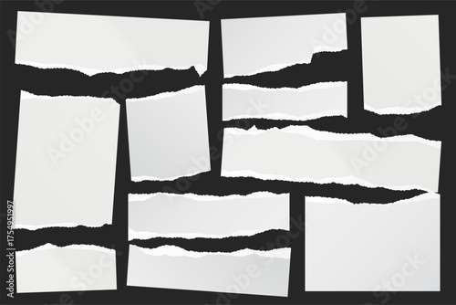 Ripped paper strips. Realistic crumpled paper scraps with torn edges. Shreds of notebook, book or old newspaper pages. Trendy collage elements. Vector illustration.