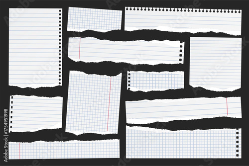 Ripped paper strips. Realistic crumpled paper scraps with torn edges. Shreds of notebook, book or old newspaper pages. Trendy collage elements. Vector illustration.