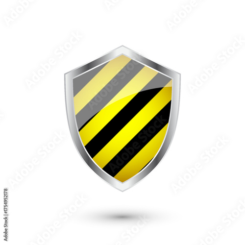 Free Download Glossy shield with yellow and black pattern. Security and protection concept. Cyber safety icons, internet privacy, web defense, digital data protection and antivirus themes. Vector illustration. - GFXLoad