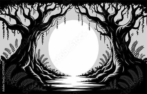 Enchanting drawing of a silhouette vector forest portal illuminated by a bright full moon vector