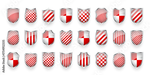 Glossy shields with red and black pattern. Security and protection concept. Cyber safety icons, internet privacy, web defense, digital data protection and antivirus themes. Vector illustration.