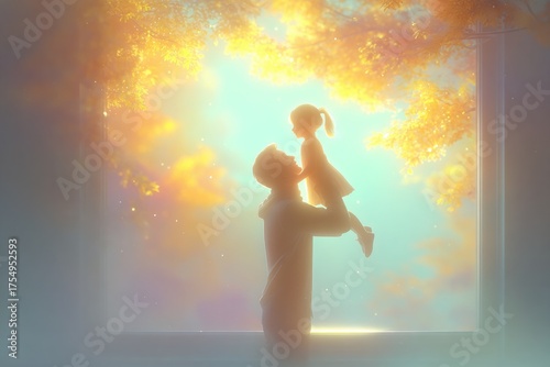 Tender moment between parent and child amidst glowing, dreamy backdrop