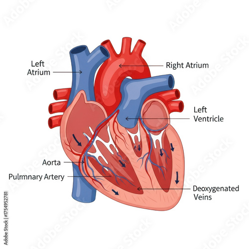 Detailed anatomical view of the human heart with labeled chambers and vessels isolated on transparent background