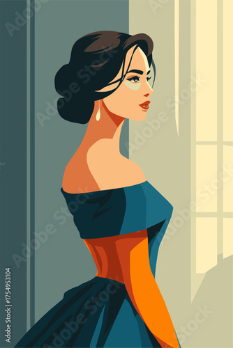 Elegant Woman in Vintage Dress with Detailed Backlighting