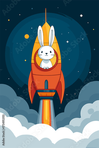 Cute Rabbit Astronaut in a Rocket Flying Through Space
