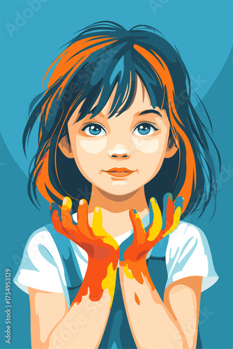 Creative Portrait of a Girl with Colorful Painted Hands and Striking Hair