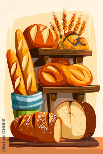 Artistic Display of Freshly Baked Bread on a Wooden Shelf