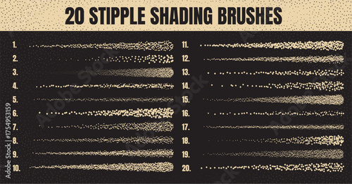 Ink scatter brush, stipple drawing and texturing. Fading gradient. Stippling, dotwork drawing, shading using dots. Halftone disintegration effect. White noise grainy texture. Vector illustration