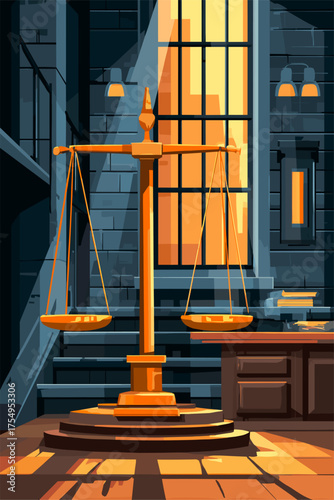 Stylized Scales of Justice in a Brightly Lit Legal Setting