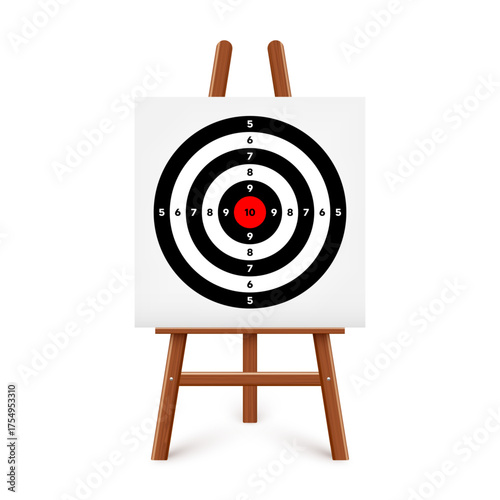 Shooting range target on a wooden easel stand. Paper target with divisions, marks and numbers. Archery, gun shooting and training, sport competition, hunting. Bullseye and aim. Vector illustration