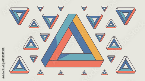 A collection of impossible triangles in various sizes and orientations on a light background surface