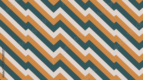 Abstract zigzag pattern with teal orange and beige stripes diagonally across the image surface view
