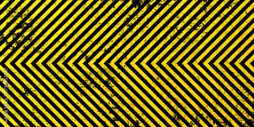 Warning sign with yellow and black diagonal lines. Attention, danger or caution symbol. Construction site signage, road safety notice, hazard banner, security alert shield. Vector illustration.