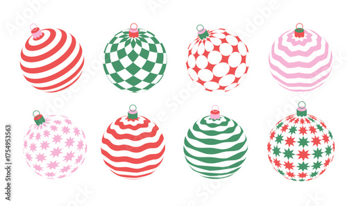 Vintage minimal Christmas balls set for xmas tree decoration. Simple 3d geometric design. Flat vector colorful illustration.