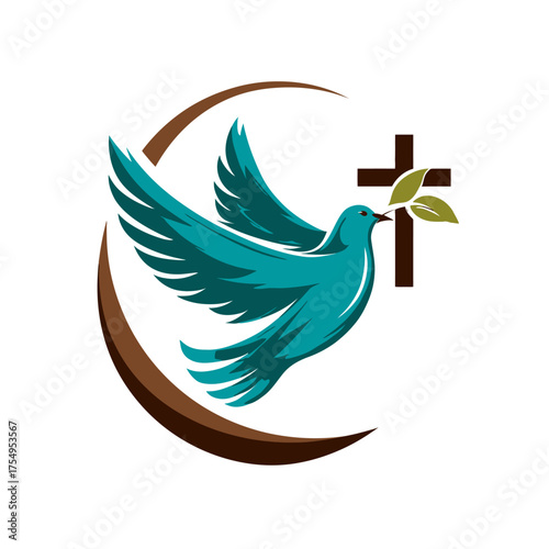 A teal-colored bird, bearing a green olive branch, is flanked by a brown cross and a crescent
