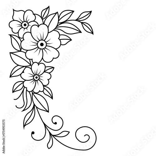 Line art floral botanical on transparent back. Black silhouette of rose and leaves.