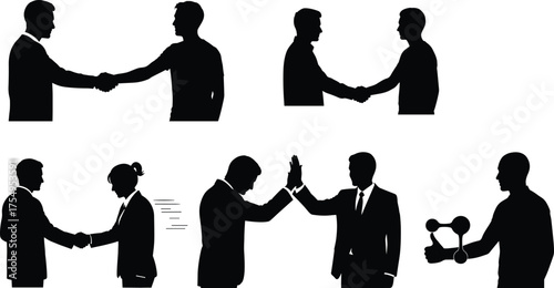 Handshake icons, business partnership, teamwork success, corporate collaboration, professional agreement, office communication, leadership trust