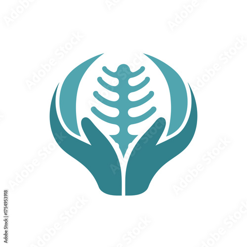 A medical logo featuring a spinal column, hands protecting a central element, and curved elements