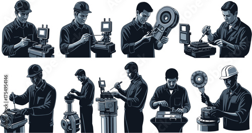 Industrial workers, mechanical engineering, precision tools, factory equipment, technical inspection, machine calibration, control panel operation, gear assembly, workplace safety, teamwork