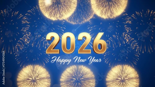 Golden 2026 Happy New Year Fireworks Display Celebration Countdown Festive Event Sparkle