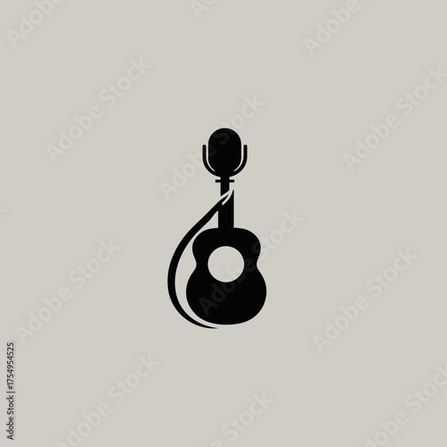 A black silhouette of a guitar with a microphone on a grey background