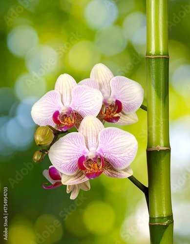 Pink orchids bloom beside a vibrant, tall, green bamboo stalk