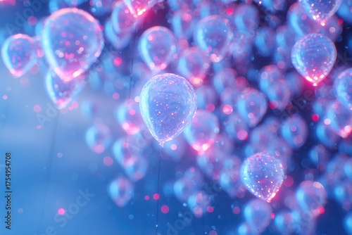 Translucent bubbles float against dreamy backdrop, radiating vibrant colors and light