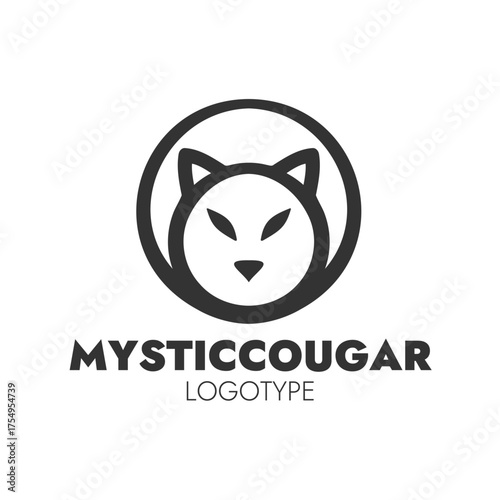 MYSTIC COUGAR logo with minimalist cougar face inside circular frame and sleek monochrome branding typography