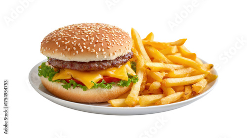 Cheeseburger with french fries on white plate isolated on a transparent background