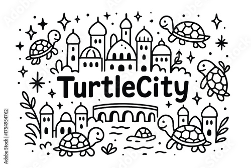 Turtle Sanctuary Cityscape. Doodle turtle sanctuary city with stars, domes, and sparkles, center word “TurtleCity” in black and