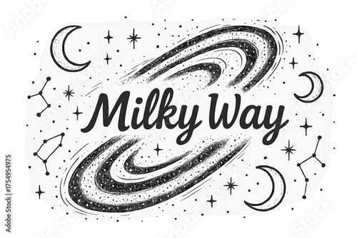 Milky Way Art. Hand-drawn milky way with moons, sparkles, and constellations, center word “MilkyWay” in black and white isolated