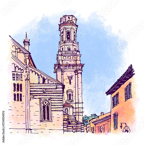 Architecture sketch illustration. An urban colorful landscape of Verona, northern Italy,. Freehand digital drawing of featuring a tall bell tower. Hand drawn travel postcard. Watercolor background